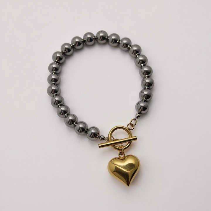 Golden Heart Hematite Bead Bracelet
