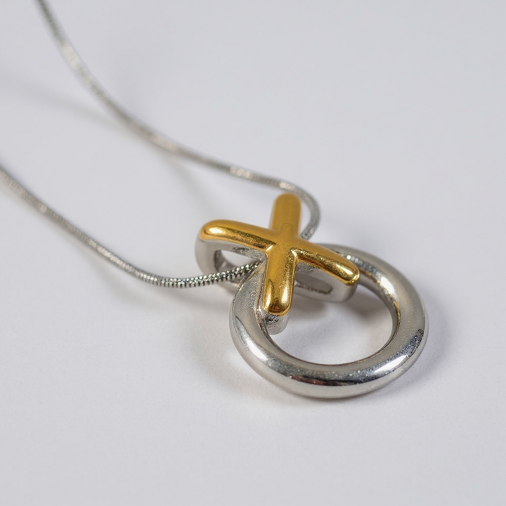 Two-Tone Circle & X Pendant Necklace – Stainless Steel