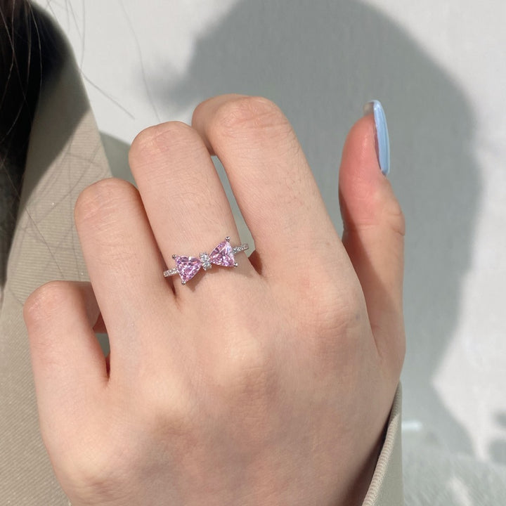 925 Sterling Silver Bow Ring with Pink Cubic Zirconia and Pavé Details