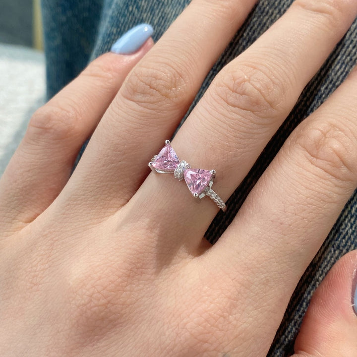 925 Sterling Silver Bow Ring with Pink Cubic Zirconia and Pavé Details