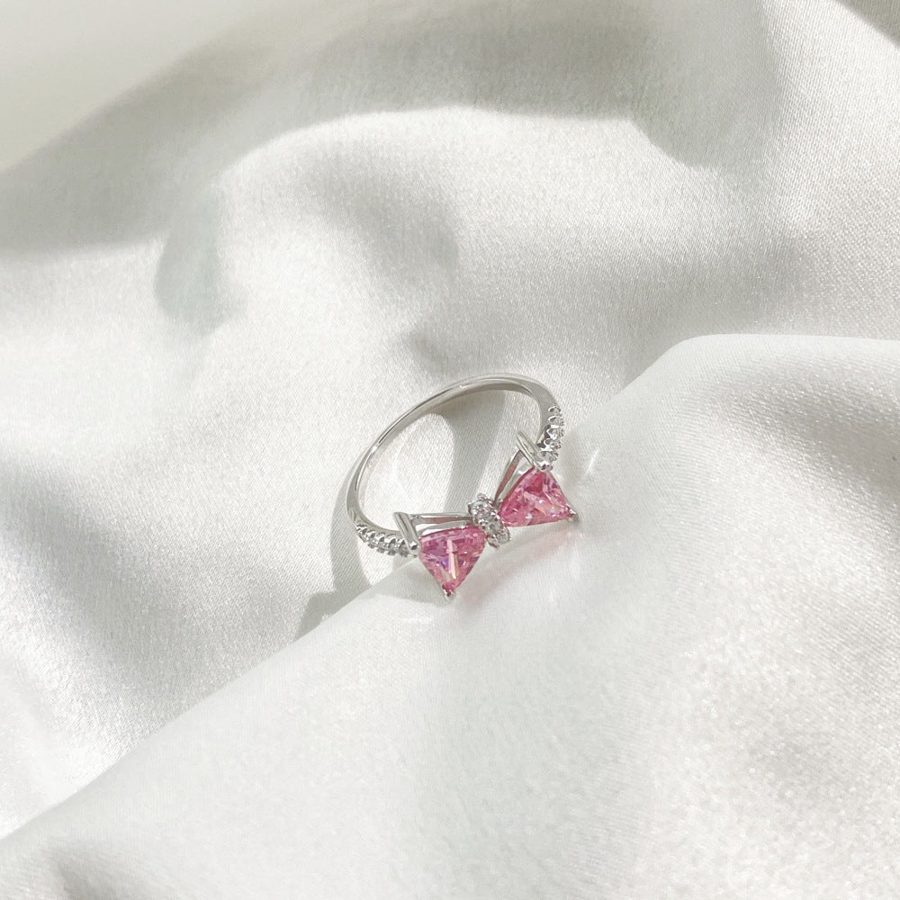 925 Sterling Silver Bow Ring with Pink Cubic Zirconia and Pavé Details