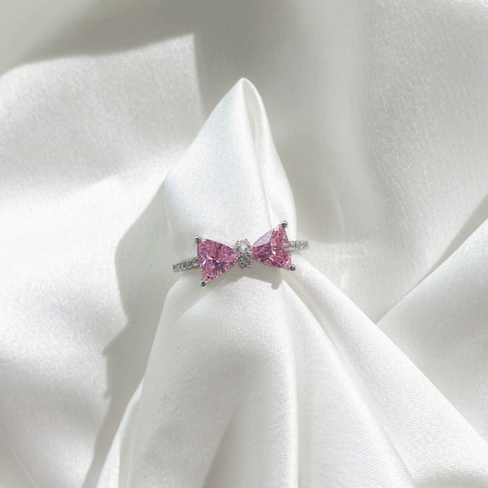 925 Sterling Silver Bow Ring with Pink Cubic Zirconia and Pavé Details