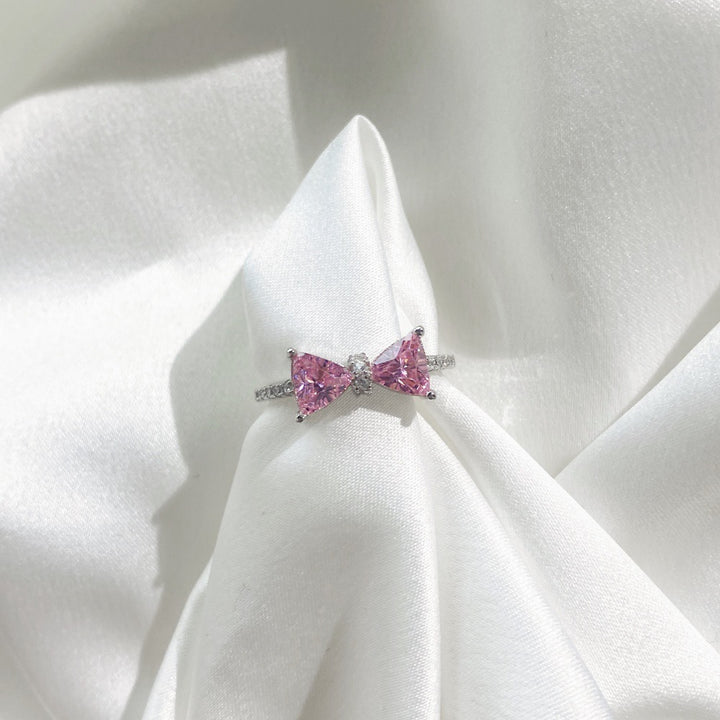 925 Sterling Silver Bow Ring with Pink Cubic Zirconia and Pavé Details