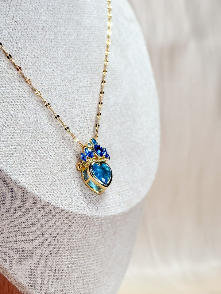 Blue Gemstone Crown Necklace – Gold-Tone Stainless Steel