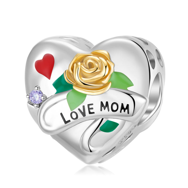 Sterling Silver 'Love Mom' Heart Charm with Golden Rose