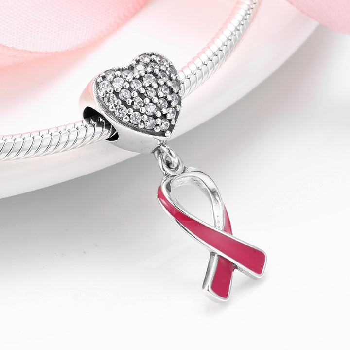 925 Sterling Silver Pink Ribbon Breast Cancer Charm with Enamel