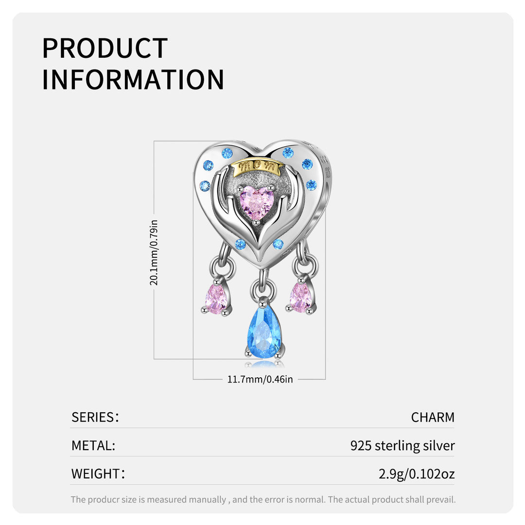 Radiant 'Mom' Heart Charm with Dangling Gemstones