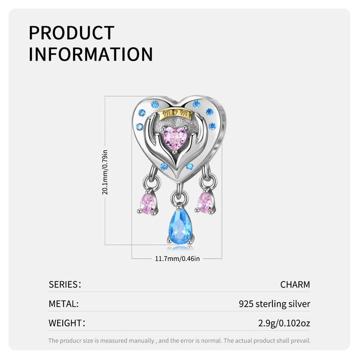 Radiant 'Mom' Heart Charm with Dangling Gemstones