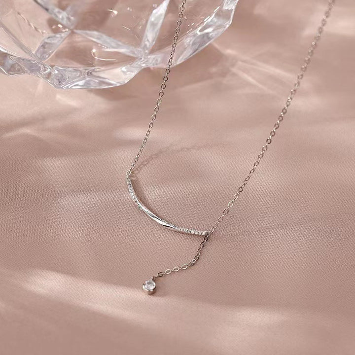 Sterling Silver Curved Bar Necklace with Crystal Dangle