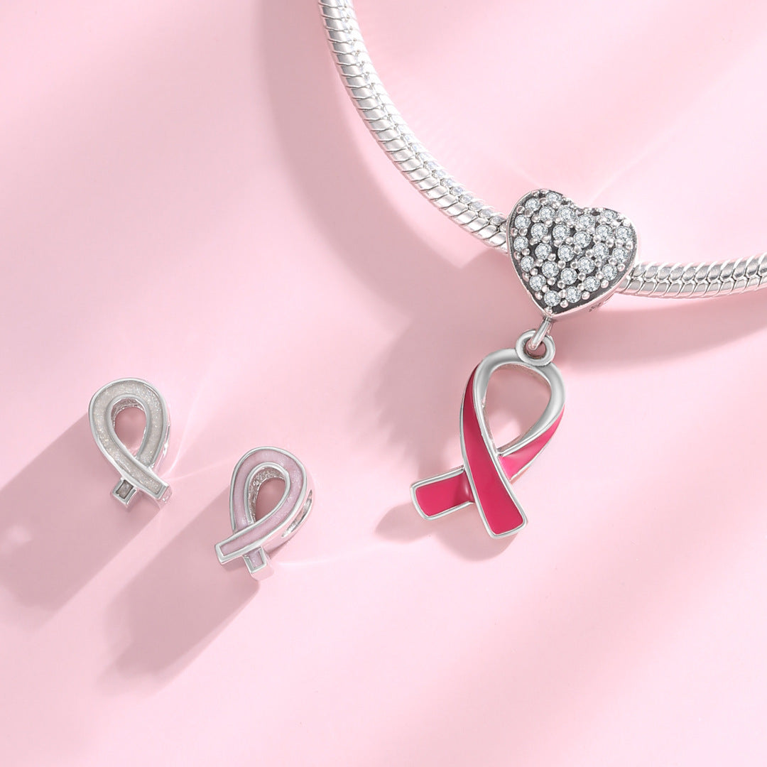 925 Sterling Silver Pink Ribbon Breast Cancer Charm with Enamel