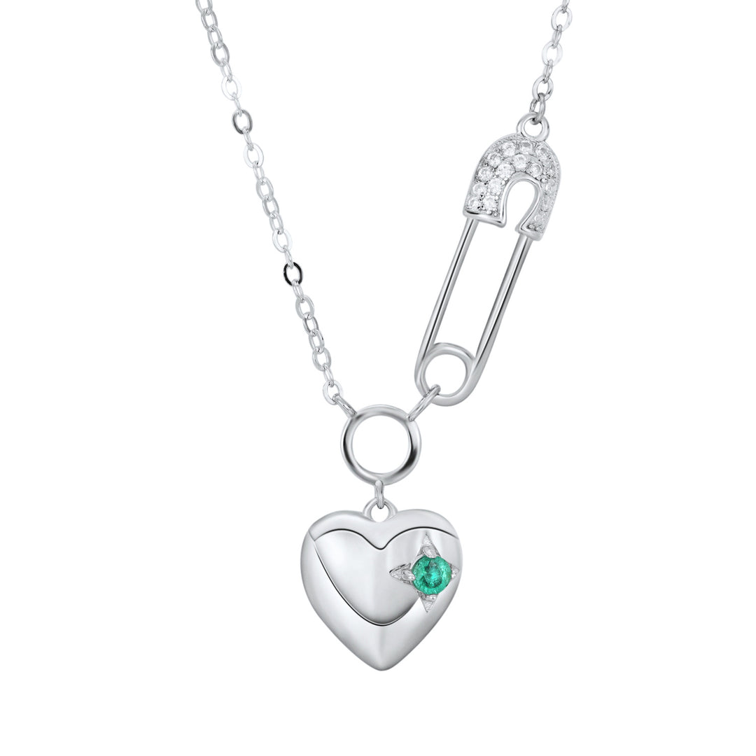 Chic Safety Pin & Heart Pendant Necklace with Green Crystal