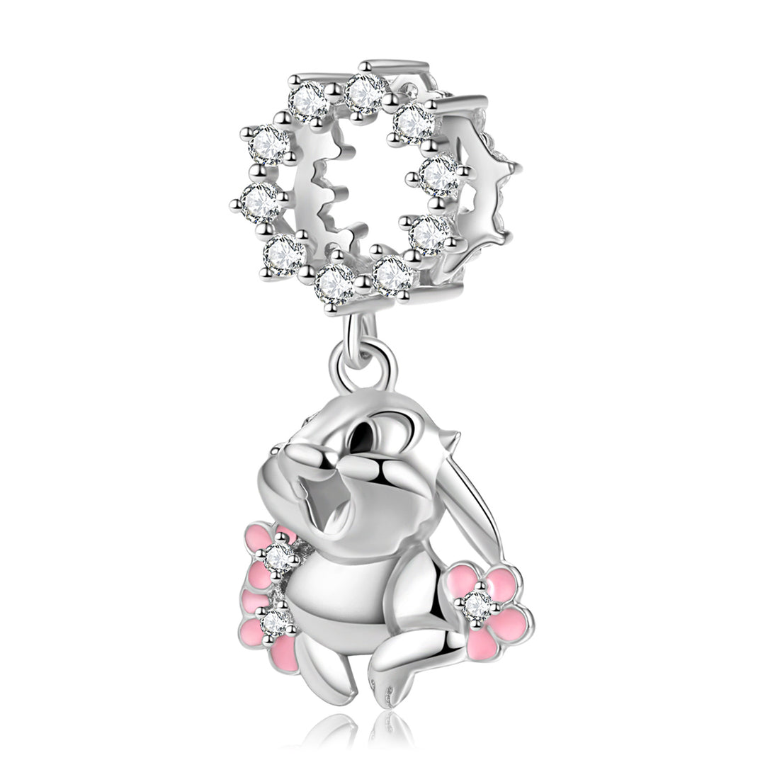 Sterling Silver Rabbit Charm with Pink Flowers