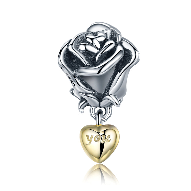 Silver Rose and drop Heart Sterling Silver Charms