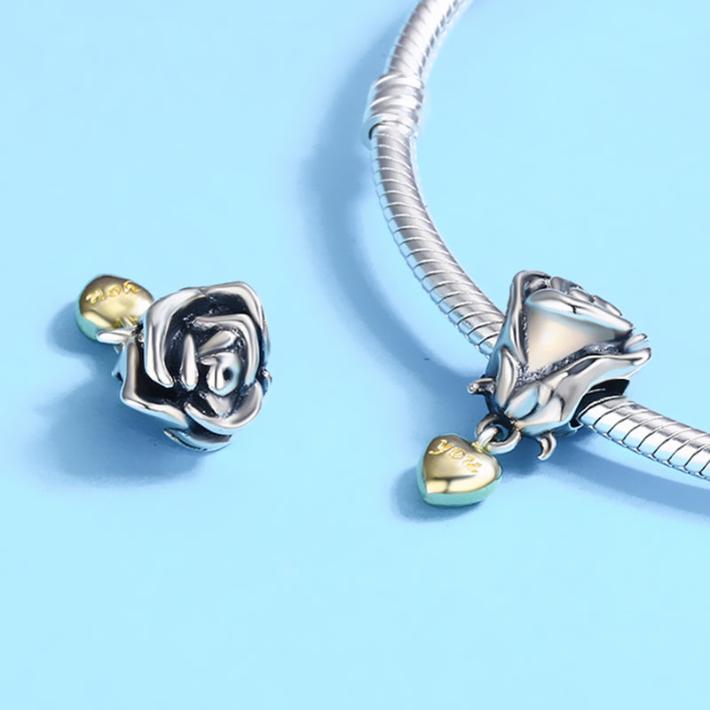 Silver Rose and drop Heart Sterling Silver Charms