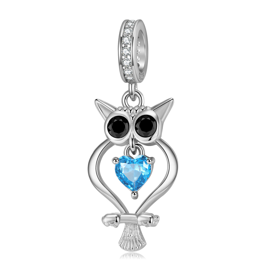 Sterling Silver Owl Charm with Blue Heart Crystal