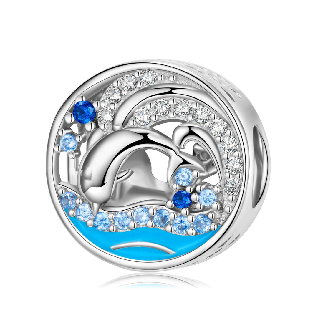 Happy Dolphin Blue Crystals Silver Charm