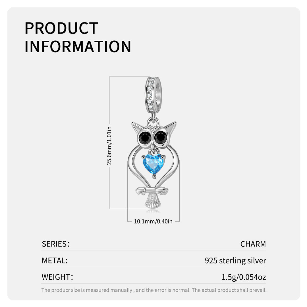 Sterling Silver Owl Charm with Blue Heart Crystal